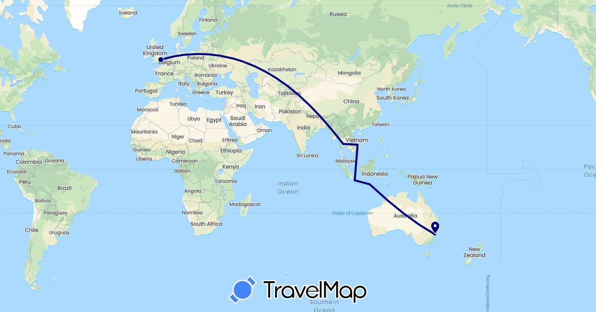 TravelMap itinerary: driving in Australia, United Kingdom, Indonesia, Cambodia, Thailand, Vietnam (Asia, Europe, Oceania)